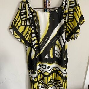 New York & Company Yellow and Black Patterned Dress